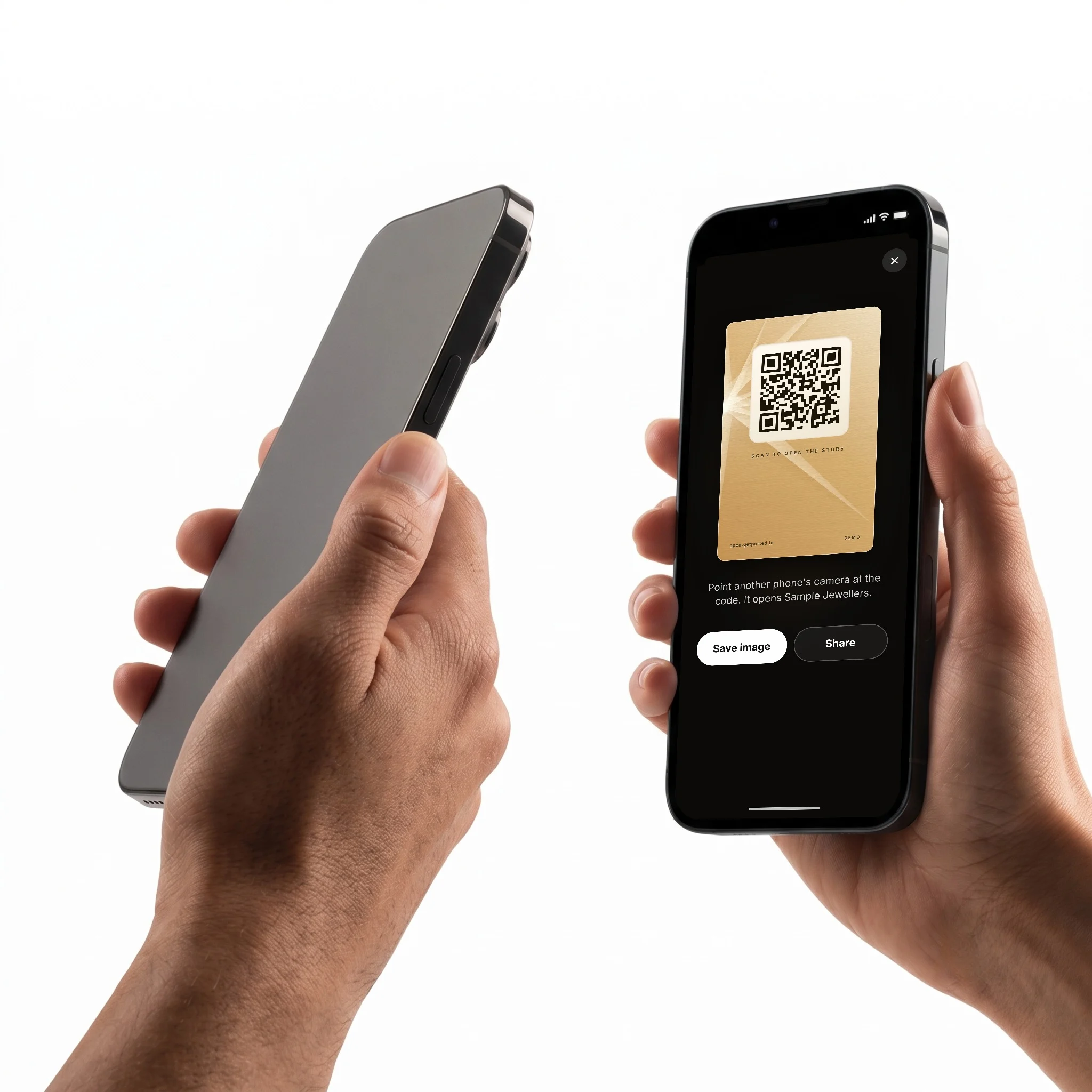 One phone scanning another; the second phone shows the gold GetPorted Key with its QR code for Sample Jewellers